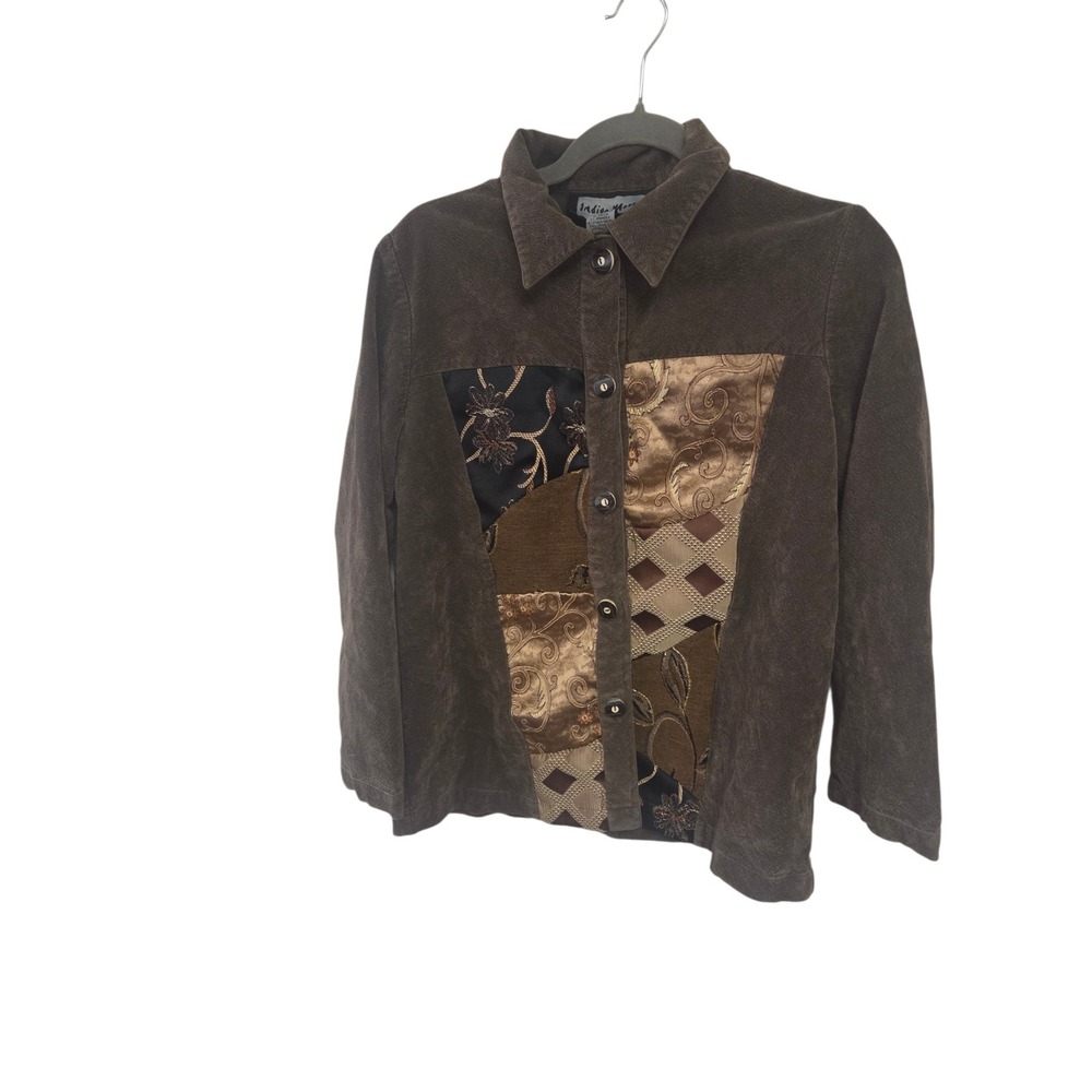 Indigo Moon Womens Brown Faux Suede Patchwork‎ Brocade Jacket Small A-0011 Boho